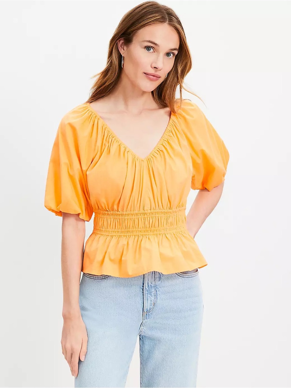 Loft orange v neck gathered waist puff sleeve blouse